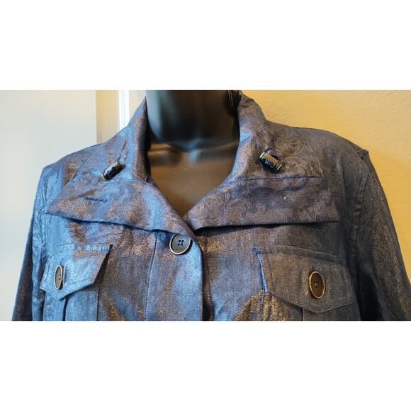 Chicos Women's Blue Floral Metallic Shimer Roll Tab Sleeve Jacket Size 1 - Picture 2 of 16